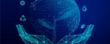 Ilustração digital de mãos sustentando o planeta com ícones de energia renovável, reciclagem, sol e água, simbolizando eficiência energética e sustentabilidade global.