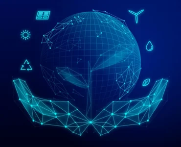 Ilustração digital de mãos sustentando o planeta com ícones de energia renovável, reciclagem, sol e água, simbolizando eficiência energética e sustentabilidade global.