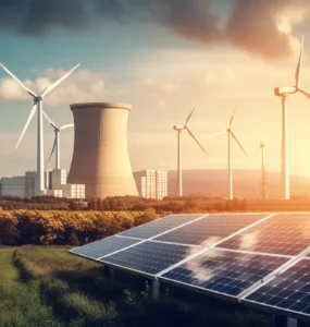 Painéis solares, turbinas eólicas e torres de energia nuclear sob o pôr do sol, representando a transição para fontes de energia renovável e sustentável.