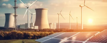 Painéis solares, turbinas eólicas e torres de energia nuclear sob o pôr do sol, representando a transição para fontes de energia renovável e sustentável.