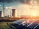 Painéis solares, turbinas eólicas e torres de energia nuclear sob o pôr do sol, representando a transição para fontes de energia renovável e sustentável.