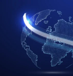 Ilustração digital de um globo terrestre composto por pontos luminosos azuis, com setas brancas ascendentes simbolizando conexão, tecnologia e crescimento global.