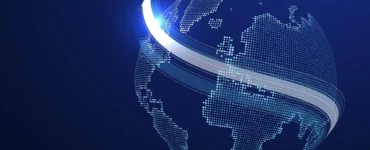 Ilustração digital de um globo terrestre composto por pontos luminosos azuis, com setas brancas ascendentes simbolizando conexão, tecnologia e crescimento global.