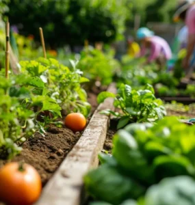 Imagem de uma horta comunitária com tomates e hortaliças crescendo em canteiros de terra, com pessoas ao fundo realizando o cultivo de forma sustentável.