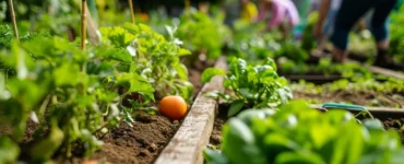Imagem de uma horta comunitária com tomates e hortaliças crescendo em canteiros de terra, com pessoas ao fundo realizando o cultivo de forma sustentável.