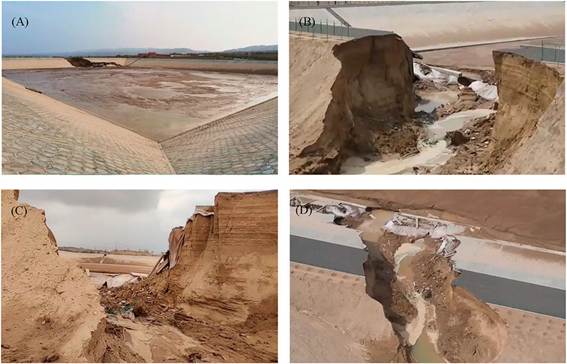 O contorno do reservatório e imagens da ruptura da barragem de diferentes pontos de vista.