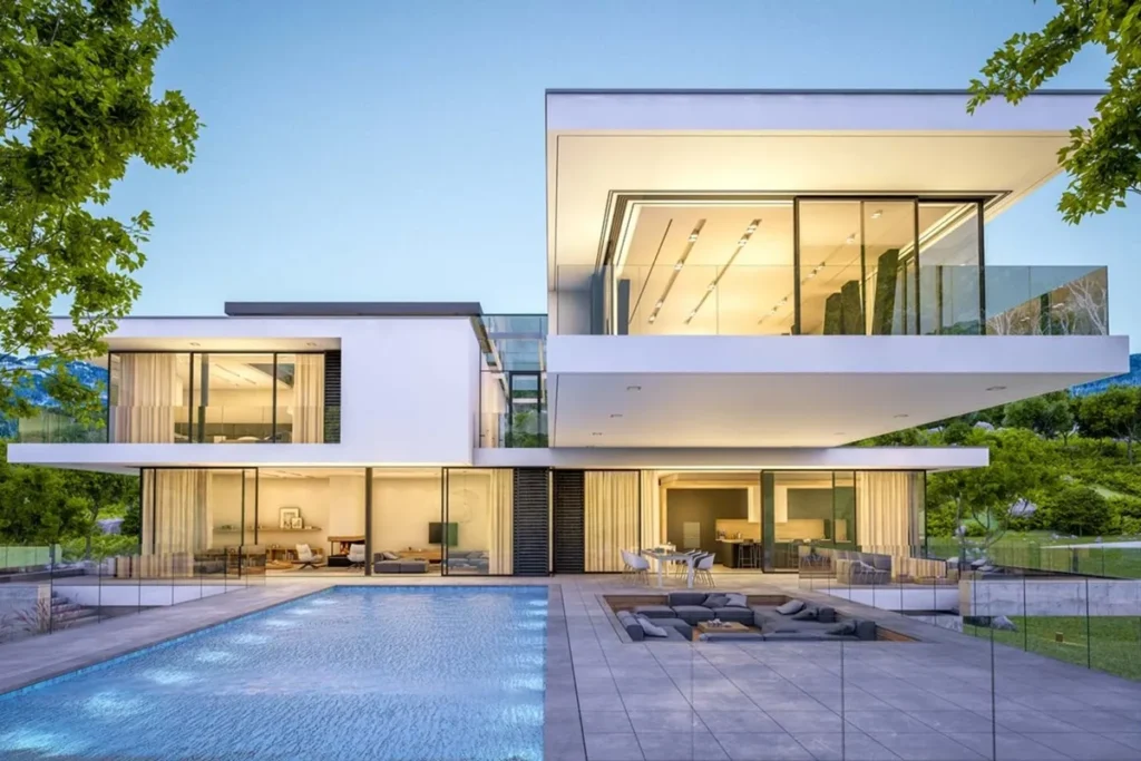 Fachada de casa contemporânea de luxo com arquitetura minimalista, amplas janelas de vidro, piscina iluminada e área externa integrada à sala de estar.