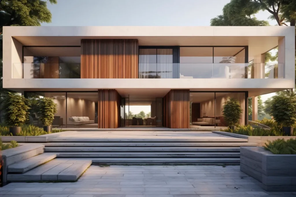 Fachada de casa moderna de dois andares com vidro, madeira e linhas retas em ambiente natural.