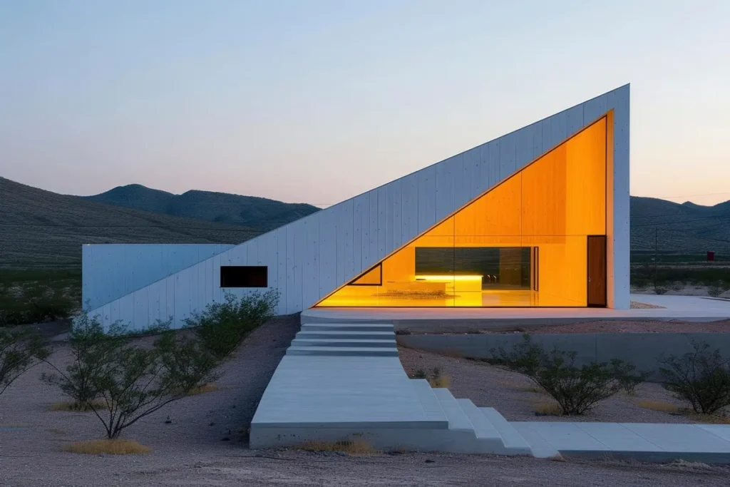 Casa moderna com estrutura triangular, fachada de vidro e interior iluminado em tons quentes no pôr do sol.