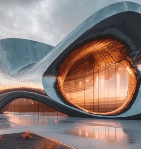 Edifício moderno de design futurista com formas curvas e fachada metálica refletindo a luz do pôr do sol.