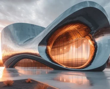 Edifício moderno de design futurista com formas curvas e fachada metálica refletindo a luz do pôr do sol.