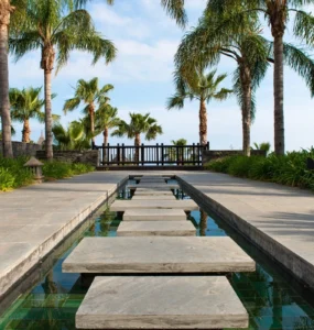 Caminho de pedras sobre espelho d’água rodeado por palmeiras altas e vegetação tropical em um projeto de arquitetura paisagística moderna.