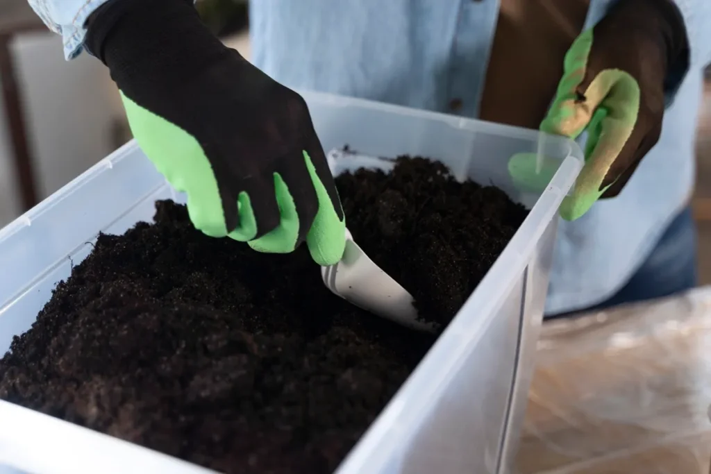 Imagem de uma pessoa usando luvas verdes e uma pá pequena para misturar solo escuro em um recipiente plástico, representando o preparo de biofertilizante orgânico.