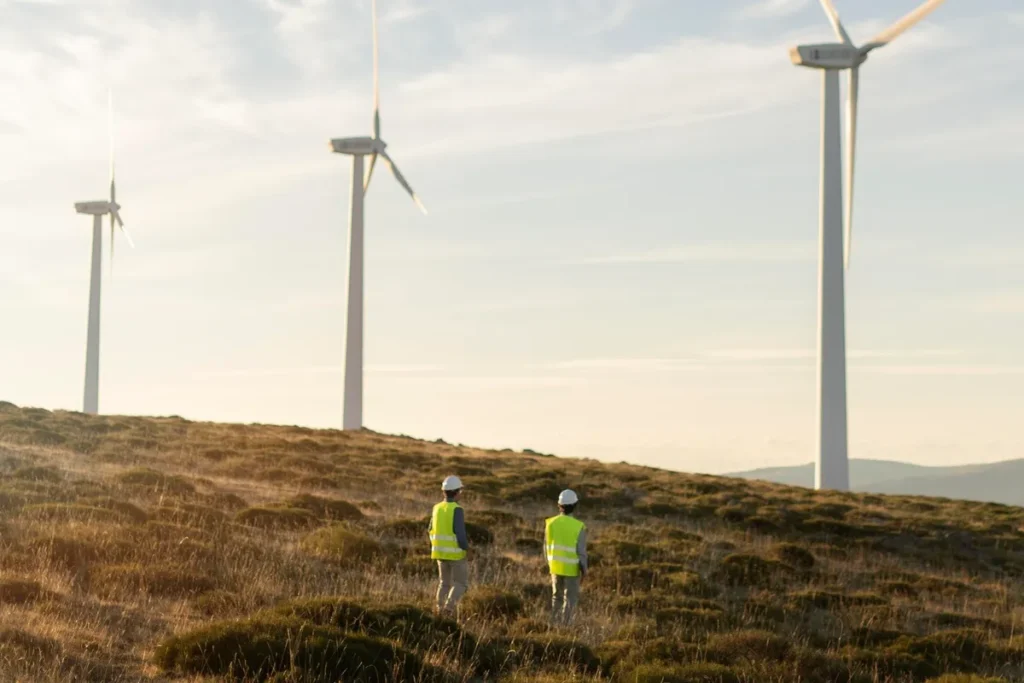 Dois engenheiros com coletes reflexivos observam turbinas eólicas em um campo aberto ao pôr do sol, simbolizando o uso da energia eólica sustentável.