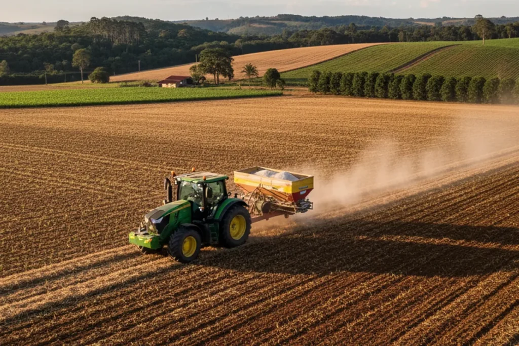 Trator verde realizando plantio direto em lavoura ampla, levantando poeira ao preparar o solo para o cultivo sustentável, com campos verdes e colinas ao fundo.