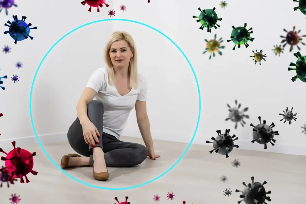 Mulher loira sentada no chão cercada por uma bolha protetora azul, simbolizando o sistema imunológico ativo contra vírus coloridos ao redor.