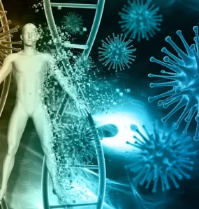 Ilustração digital representando o sistema imunológico humano, com figura de corpo humano, hélice de DNA e partículas de vírus coloridas em tons de azul e laranja.