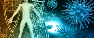 Ilustração digital representando o sistema imunológico humano, com figura de corpo humano, hélice de DNA e partículas de vírus coloridas em tons de azul e laranja.