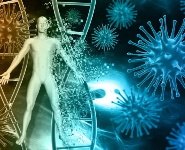 Ilustração digital representando o sistema imunológico humano, com figura de corpo humano, hélice de DNA e partículas de vírus coloridas em tons de azul e laranja.