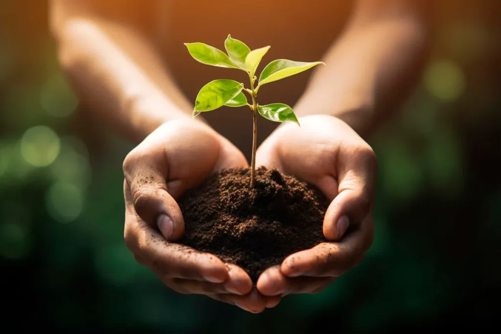 Mãos humanas segurando delicadamente uma pequena muda verde plantada em um punhado de terra fértil, representando o nascimento da vida e a importância da sustentabilidade.