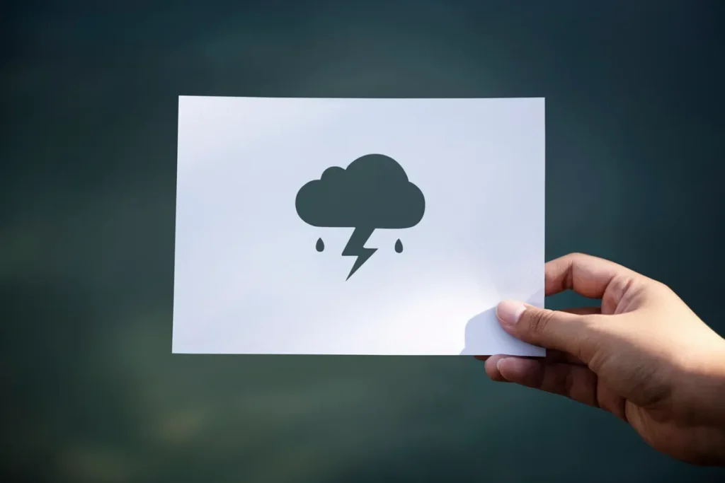 Mão segurando uma folha branca com ícone de nuvem, gotas de chuva e raio, simbolizando tempestade e condições meteorológicas adversas.