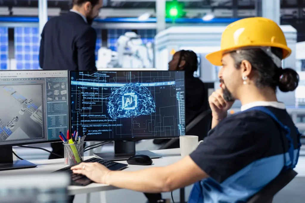 Engenheiro com capacete amarelo analisando sistemas de inteligência artificial em monitores duplos dentro de laboratório tecnológico.
