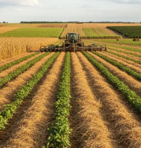 Trator realizando plantio direto em uma lavoura com cobertura de palha, mostrando fileiras de cultivo verde e técnicas sustentáveis de agricultura