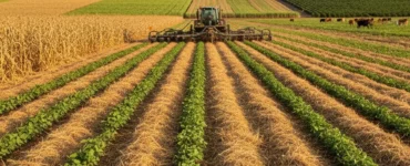 Trator realizando plantio direto em uma lavoura com cobertura de palha, mostrando fileiras de cultivo verde e técnicas sustentáveis de agricultura