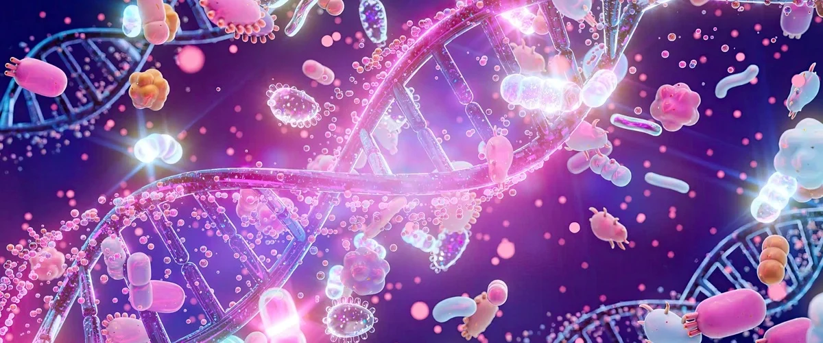 Ilustração colorida mostrando fitas de DNA e microrganismos em um ambiente microscópico tecnológico.
