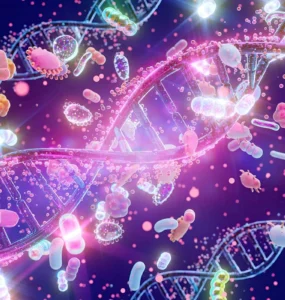 Ilustração colorida mostrando fitas de DNA e microrganismos em um ambiente microscópico tecnológico.