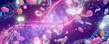 Ilustração colorida mostrando fitas de DNA e microrganismos em um ambiente microscópico tecnológico.