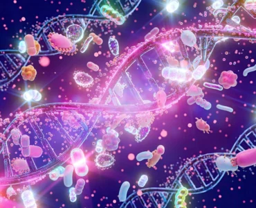 Ilustração colorida mostrando fitas de DNA e microrganismos em um ambiente microscópico tecnológico.
