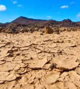 Solo rachado e árido sob um céu azul em região desértica, representando os efeitos da desertificação e escassez de água.