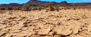 Solo rachado e árido sob um céu azul em região desértica, representando os efeitos da desertificação e escassez de água.