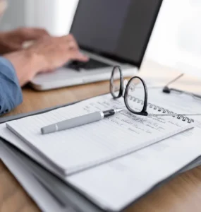 Pessoa digitando no laptop com caderno, óculos e caneta sobre a mesa em ambiente de home office.
