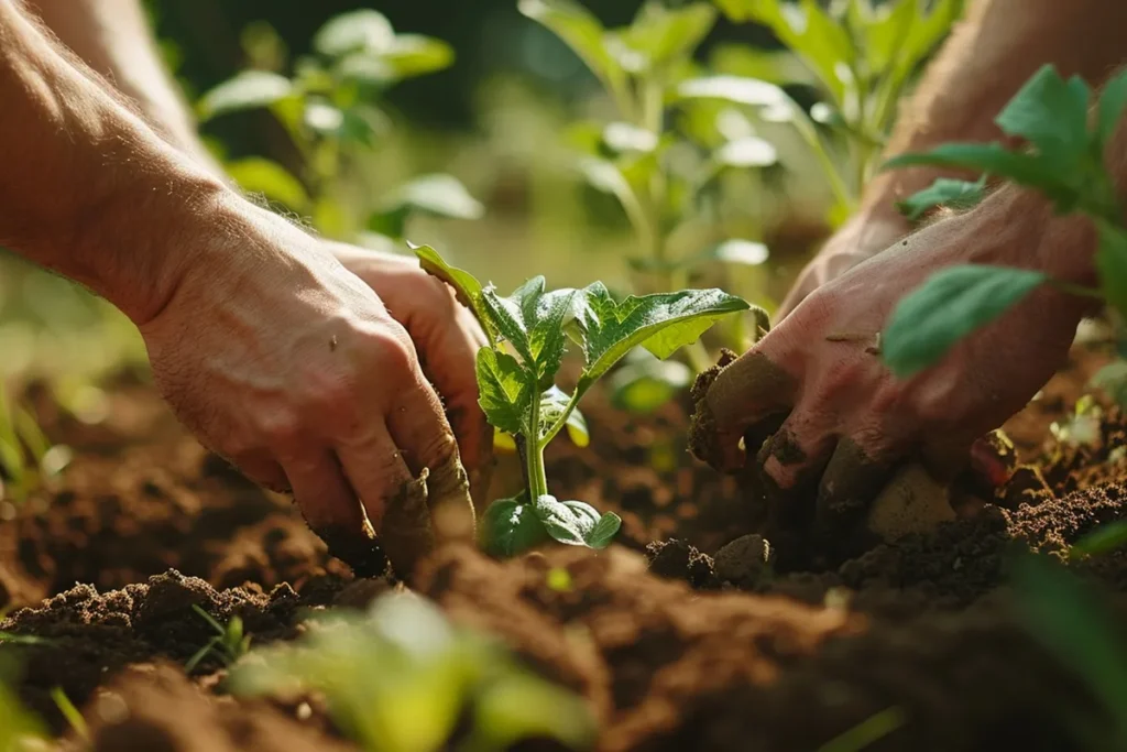 Mãos de agricultor plantando muda verde em solo fértil, simbolizando o cultivo sustentável e as práticas da agroecologia.