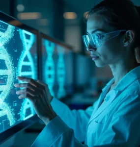 Cientista em laboratório analisando sequência de DNA exibida em tela digital interativa.