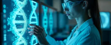 Cientista em laboratório analisando sequência de DNA exibida em tela digital interativa.