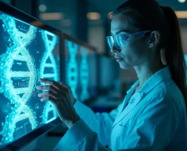 Cientista em laboratório analisando sequência de DNA exibida em tela digital interativa.