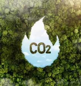 Vista aérea de uma floresta com uma área desmatada em forma de chama revelando o texto CO₂ no centro.