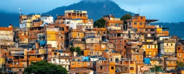 Vista colorida de uma favela brasileira com casas construídas em morros, mostrando edificações irregulares, telhados variados e vegetação ao redor.