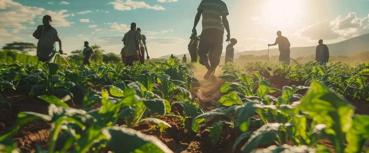 Grupo de agricultores trabalhando em plantação verde com o sol baixo iluminando o campo e montanhas ao fundo.