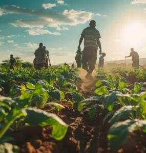 Grupo de agricultores trabalhando em plantação verde com o sol baixo iluminando o campo e montanhas ao fundo.