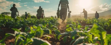 Grupo de agricultores trabalhando em plantação verde com o sol baixo iluminando o campo e montanhas ao fundo.