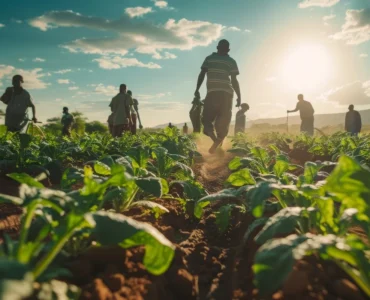 Grupo de agricultores trabalhando em plantação verde com o sol baixo iluminando o campo e montanhas ao fundo.