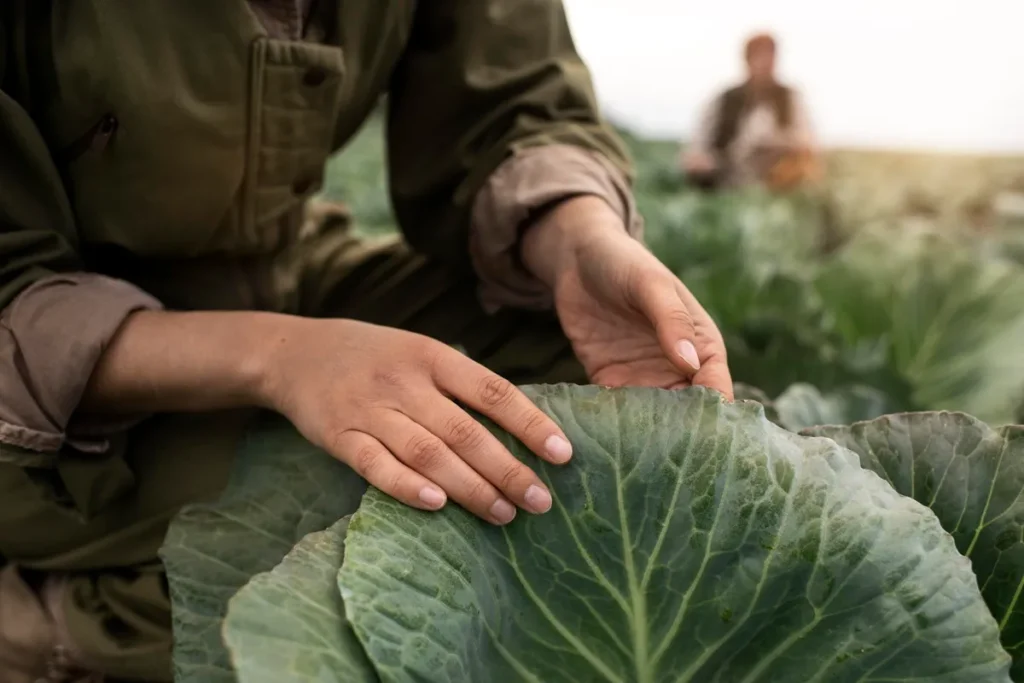 Mãos de agricultora examinando uma grande folha verde em plantação, com outra pessoa desfocada ao fundo.
