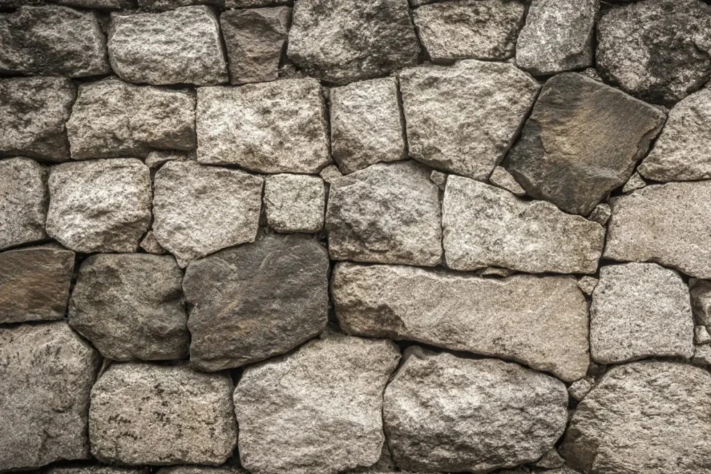 Parede rústica feita de pedras irregulares encaixadas, formando uma textura robusta.