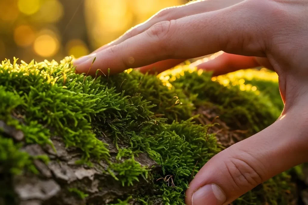 Mão humana tocando musgo verde sobre o tronco de uma árvore, iluminado pela luz dourada do pôr do sol.