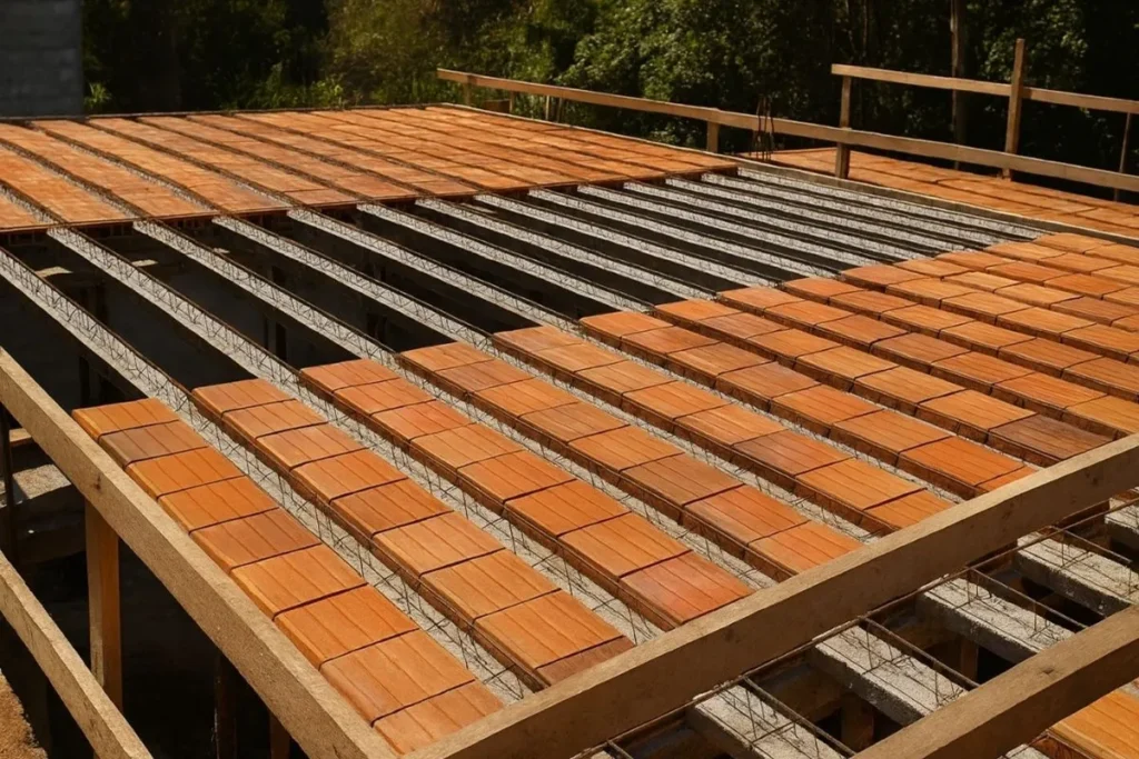 Laje pré-moldada sendo montada com vigotas de concreto e lajotas cerâmicas antes da concretagem.