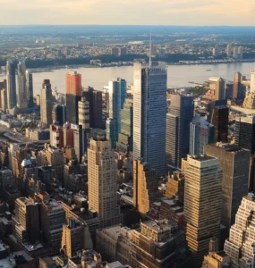 Panorama aéreo de Manhattan em Nova York, com arranha-céus iluminados pelo pôr do sol e o rio Hudson ao fundo.